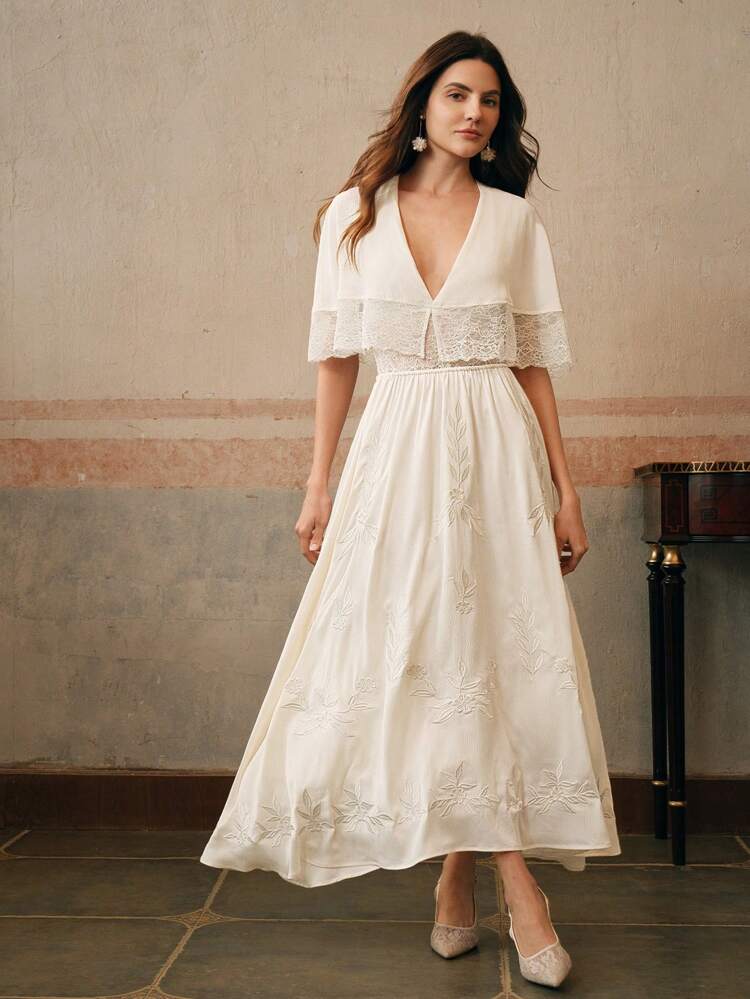 Women Ruffled V-Neck Sleeveless Fitted Lace Hem Embroidered Splicing Long Casual Vacation Chiffon Dress