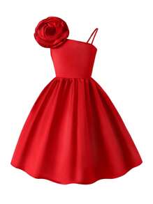 SHEIN Leap Crew Vestido de Festa Elegante de Cetim 3D com Estampa Floral Vermelha Sólida para Pré-Adolescentes, Vestido Assimétrico Halterneck, Adequado para Festa - Vermelho - Visão 4
