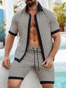 ResortEase 大码男士几何印花短袖衬衫和短裤套装