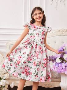 Wildeya Vestido sin espalda con manga de tapeta y escote en V con estampado floral para niña preadolescente elegante