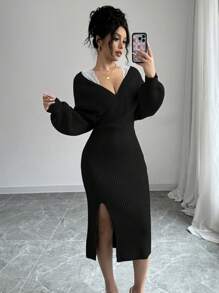 Chiquease 独特设计蕾丝边针织毛衣裙，优雅收腰 A 字中长裙