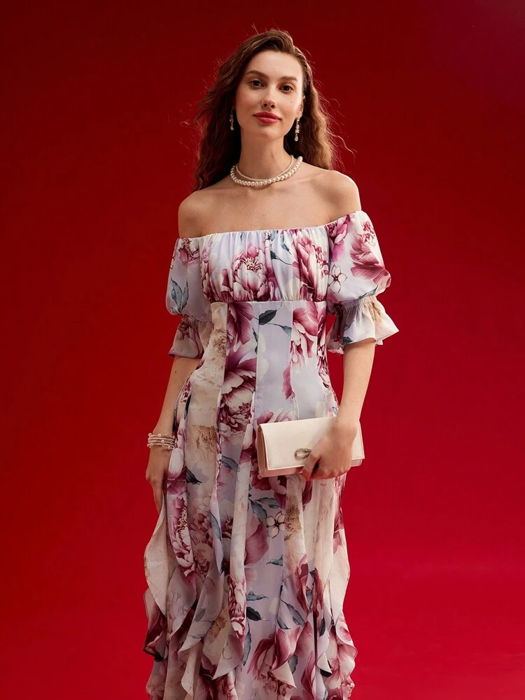 FLORAL PRINT DRAPED OFF SHOULDER DRESS,SPRING/SUMMER