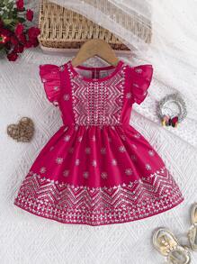 SHEIN Baby Girl Cute Floral Sleeve Round Neck Print Casual Dress, Fashionable Outdoor Summer - Hot Pink - View 3