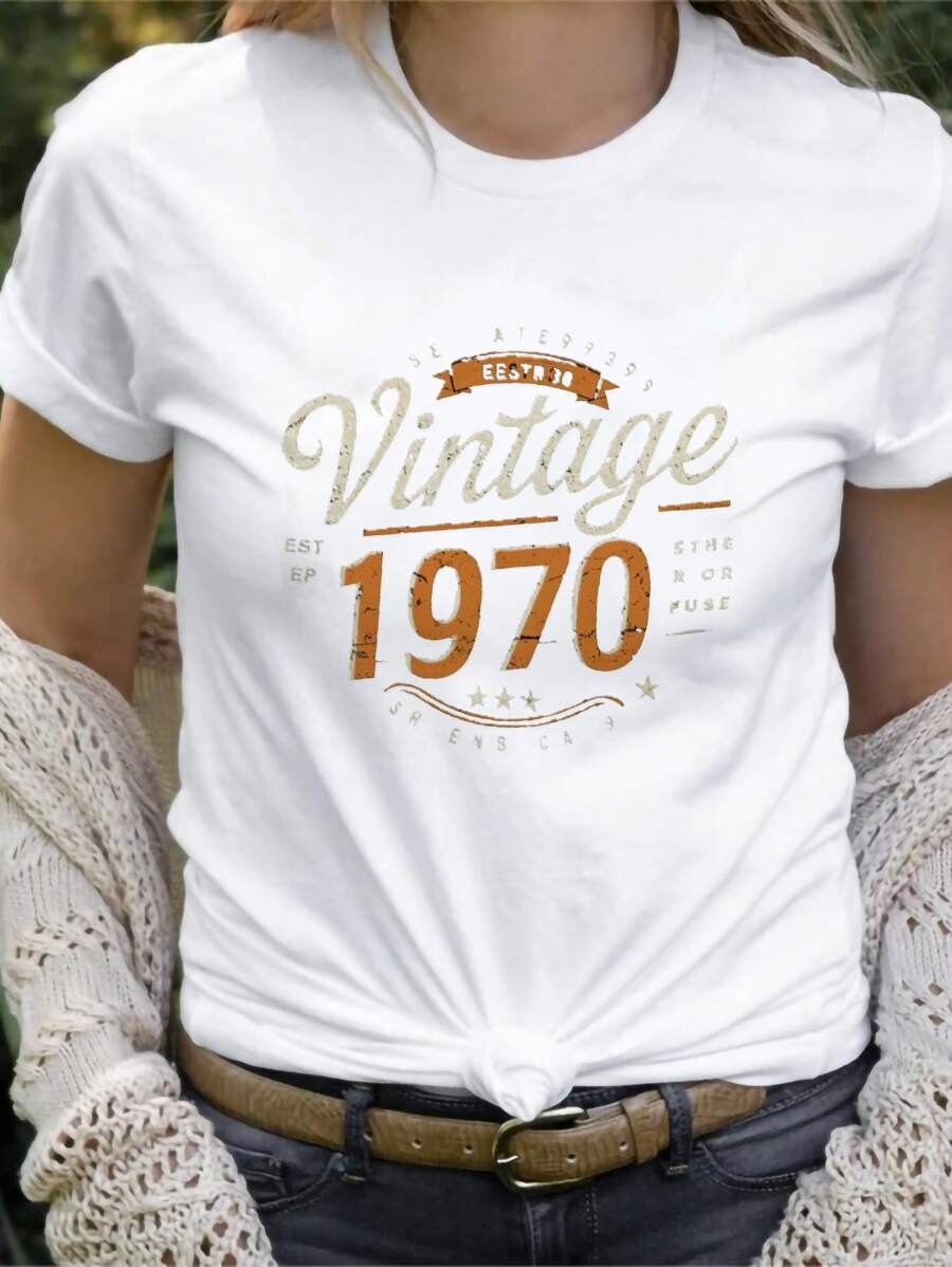 Women's Vintage 1970s Slogan Print Round Neck Short Sleeve T-Shirt - White - View 1