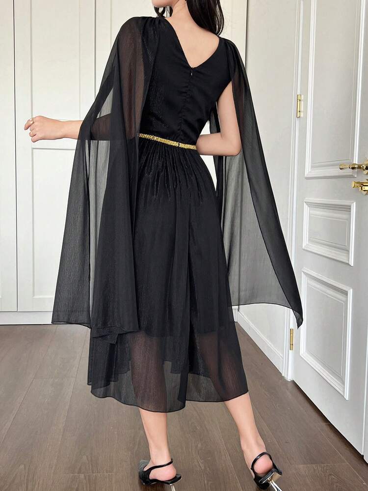Solid Color Round Neck Batwing Sleeve Midi Dress For Women Prom Dress Sundress,Fall Dress Long Sleeve Dress Elegant Women Dresses