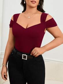 SHEIN Privé Women Plus Size Summer Elegant Hollow V-Neck Slim Fit T-Shirt, Suitable For Romantic Dates, Gatherings, And Casual Commuting - Burgundy - View 4