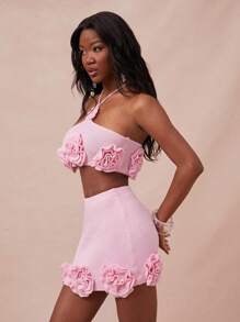 NYA SZN Minifalda de punto con detalles florales para primavera, festivales de verano, Pascua, salidas nocturnas y eventos para mujeres - Rosa - Ver 4