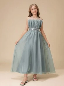 Tween Girl Layered Ruffled Maxi Dress, Long Elegant Flower Girl Dress For Girls, Suitable For Wedding, Party, Birthday Celebration, Performance - Green - View 4