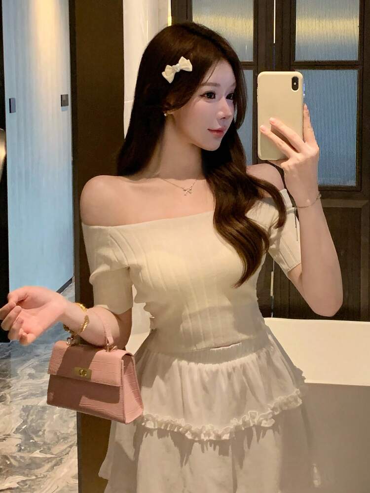Women Off Shoulder Fitted Cropped Knitted Sweater Top, White, Spring/Summer