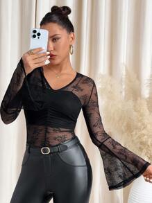 SHEIN Clasi Elegant Sexy Sheer Lace Bell Sleeve Hollow Out Blouse For Women,New Year Eve Dress