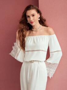 MOTF PREMIUM CONTRAST LACE OFF SHOULDER BLOUSE,SPRING/SUMMER - White - View 5