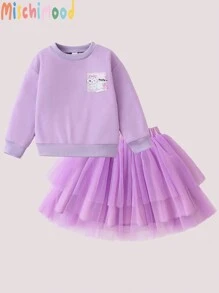 2pcs/Set Girls' Minimalistic Purple Long Sleeve Sweatshirt & Tulle Skirt Outfit