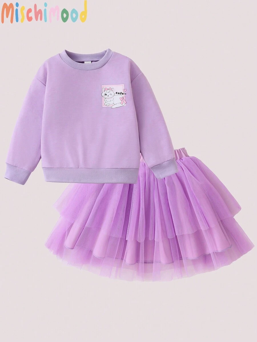 2pcs/Set Girls' Minimalistic Purple Long Sleeve Sweatshirt & Tulle Skirt Outfit