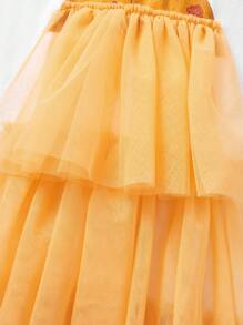 SHEIN Tween Girl Ramadan Casual Cute Girl Print Layered Mesh Cap Sleeve Loose Dress, Versatile For Everyday Wear - Pink - View 5