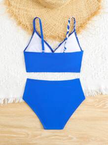 SHEIN Tween Girl Printed Mix-Match Twist Front Tankini Set - Blue - View 2