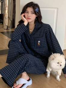 Dazy Petite Plus Plus Size Cartoon Pattern Embroidered Navy Pajama Set, Suitable For All Seasons - Navy Blue - View 9