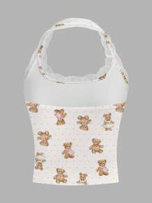 Sweetina Casual Simple Cartoon Bear Print Lace Trim Neck Tie Patchwork Blouse