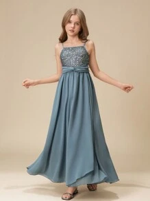Tween Girl Wedding Party Flower Girl Elegant Sequin & Bead Embellished Chiffon Asymmetric Hem Long Dress, Birthday Party Pageant Gown