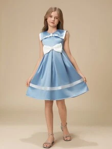 Đầm nữ mùa hè thanh lịch quyến rũ cổ xanh navy không tay eo cao eo cao nơ tương phản trang trí phong cách trường học - Màu xanh lam - Xem 6