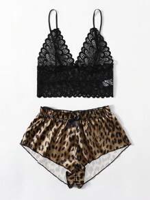 Leopard Satin Floral Lace Lingerie Set - Multicolor - View 3
