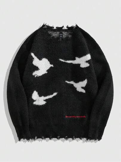 Grunge Punk Men's Casual Bird Jacquard Distressed Knit Pullover Sweater, Autumn/Winter