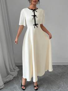 Rafferiza Vestido sólido para mujer con bloqueo de color, decoración de lazo, cuello redondo, cintura ceñida y manga corta. Vestido largo para primavera/otoño