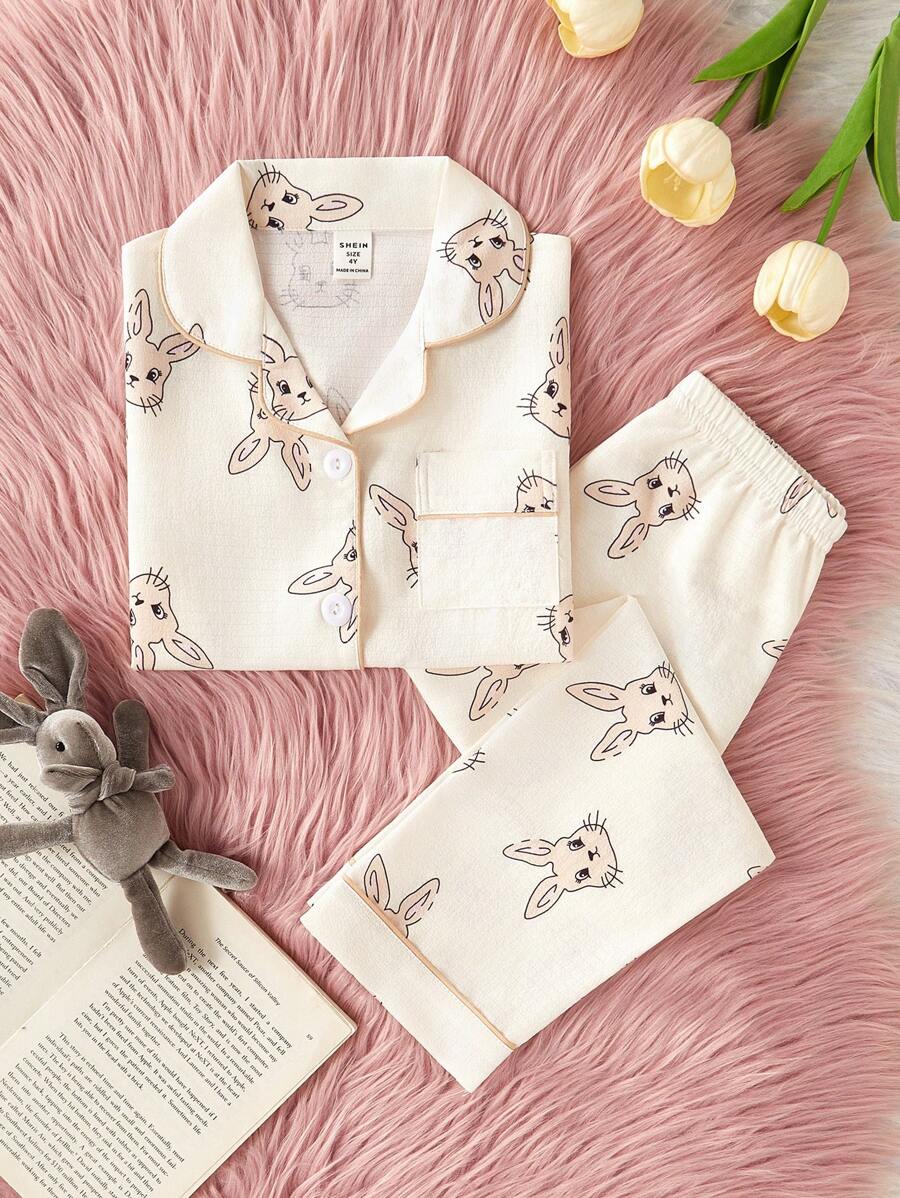 2pcs/Set Young Girl Cute Rabbit Print Short Sleeve Shirt And Long Pants Home Outfit, Casual And Comfortable - Apricot - View 1