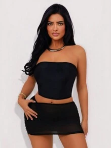 Swim SXY Damska letnia jednokolorowa spódnica mini z ramiączkami spaghetti, krzyżująca się na plecach, z siateczki z falbanką, 3-częściowy zestaw bikini