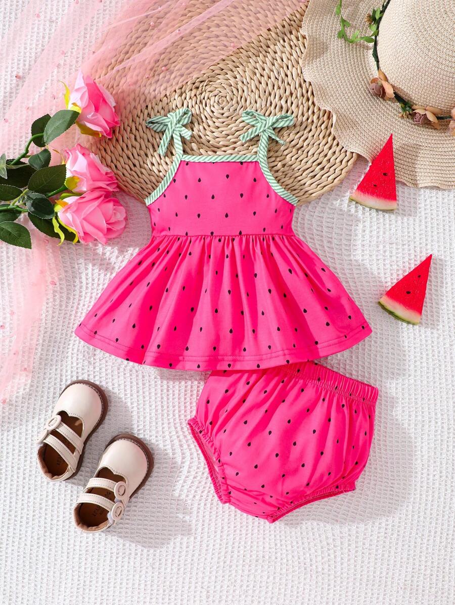 2pcs/Set Baby Girl Spring&Summer Vacation Style Sleeveless, Watermelon Printing Slip Top&Shorts - Pink - View 1