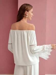 MOTF PREMIUM CONTRAST LACE OFF SHOULDER BLOUSE,SPRING/SUMMER - White - View 7
