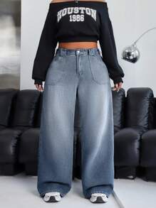 SHEIN EZwear Jeans de pierna ancha con lavado degradado de talla grande, informal - Gris Claro - Ver 6