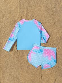 Young Girl Round Neck Long Sleeve Printed Simple Top And Bottoms Swimwear Set