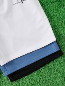 Set de 3 piezas de pantalones cortos informales con estampado de árboles de coco y letras para niño preadolescente, adecuado para la escuela, el transporte, el uso casual diario, los deportes, la primavera/verano