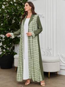 Al Najma Bata larga y suelta con estampado verde de patchwork, solapa y cinturón ajustable para mujer