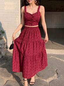 DAZY 女士两件套：镂空刺绣吊带背心和A字裙度假套装 - 紅色 - 查看 3