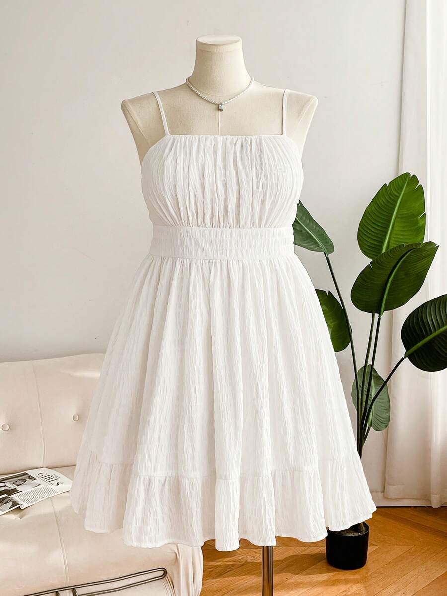 SHEIN Frenchy Plus Size Graduation Dress White Leisure Resort Textured Chiffon Waist Flare A-Line Cami Dress