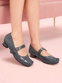 CUCCOO DOLLMOD 女士方头黑色高跟玛丽珍鞋，交叉带圆柱形鞋跟，经典复古风格