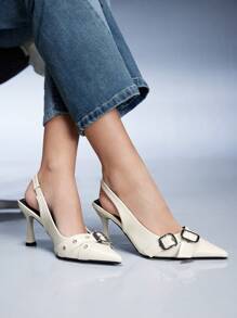 CUCCOO GRLICON Ivory High Heel Shoes Women Stilettos Pointed Toe Slip-On Pumps Metallic Single Ankle Strap Closed Toe Shoes Spring Shoes Spring Break Easter Prom Heels - White - View 7