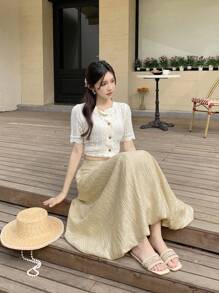 DAZY Damen Maxirock mit hoher Taille, weiter, einfarbiger Bubbelstoff - Khaki - Übersicht 3