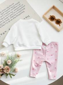 SHEIN 新生女婴字母图案针织套头衫和松紧腰裤套装，秋冬 - 彩色 - 查看 2