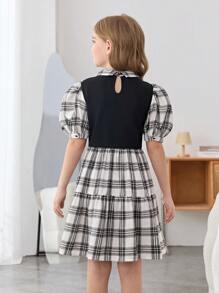 SHEIN 青少年女孩休闲街头时尚黑白格子拼布褶皱喇叭裙领泡泡袖蝴蝶结装饰腰部收腰连衣裙，返校，学院风，格子印花连衣裙 - 黑與白 - 查看 2