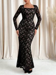 SHEIN Clasi Đầm ren thanh lịch tay dài ôm eo viền đuôi cá cho nữ Đầm đen Đầm đen cho nữ Đầm cho nữ Đầm thanh lịch gợi cảm cho nữ - màu đen - Xem 5