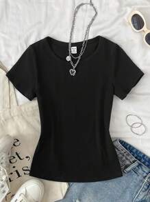 SHEIN Leap Crew Teen Girls Black Knit Crew Neck All-Match Minimalist Snug Fit Casual Streetwear Undershirt Top, Suitable For Spring And Summer - Black - View 1