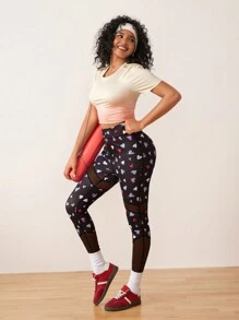 SHEIN Sports Heart Mesh Splice Leggings, Casual Sportswear For Daily Wear - Black - View 2