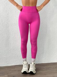 SHEIN Sports 女士高腰简约修身健身运动紧身裤，休闲日常穿着 - 粉色 - 查看 4