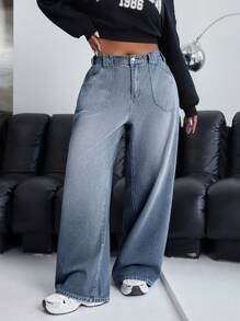 SHEIN EZwear Jeans de pierna ancha con lavado degradado de talla grande, informal - Gris Claro - Ver 7
