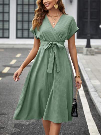 SHEIN Clasi V Neck Criss-Cross Solid Color Waist Belt Short Sleeve Midi Women Dress