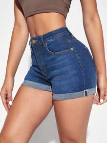 SHEIN Essnce 女士休闲口袋下摆卷边牛仔短裤 - 中等水洗藍 - 查看 5