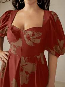 Aveloria Rosie Plus Size Willekeurige Franse Vintage Botsende Kleur Bloemenprint Gerimpelde Buste Cup Vierkante Hals Pofmouw Jurk Vakantie Outfits Vrouw Voor De Zomer