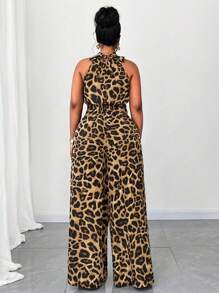 Maweii 大码女式豹纹开衩下摆吊带连体裤